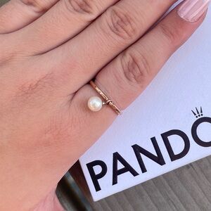 Authentic Pandora Rose gold fresh water cultured pearl dangle ring.